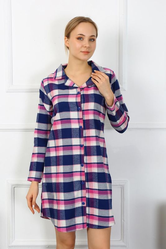 Moda Çizgi Kadın Penye Uzun Kol Düğmeli Lacivert Tunik Gecelik 13102 - 4