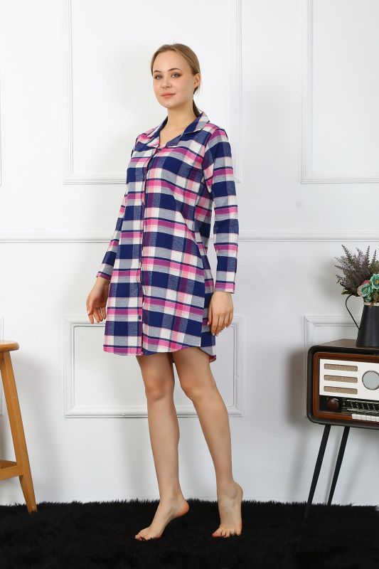 Moda Çizgi Kadın Penye Uzun Kol Düğmeli Lacivert Tunik Gecelik 13102 - 6