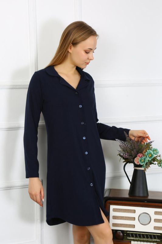 Moda Çizgi Kadın Penye Uzun Kol Düğmeli Lacivert Tunik Gecelik 13103 - 1