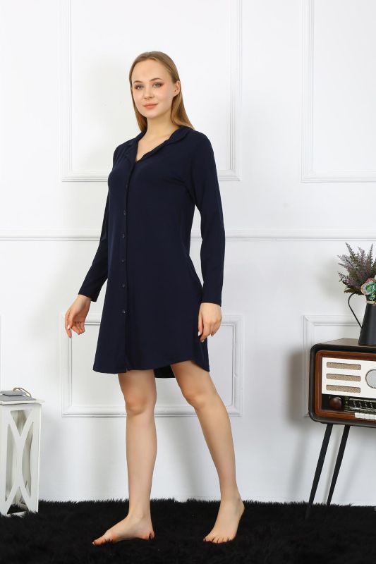 Moda Çizgi Kadın Penye Uzun Kol Düğmeli Lacivert Tunik Gecelik 13103 - 2