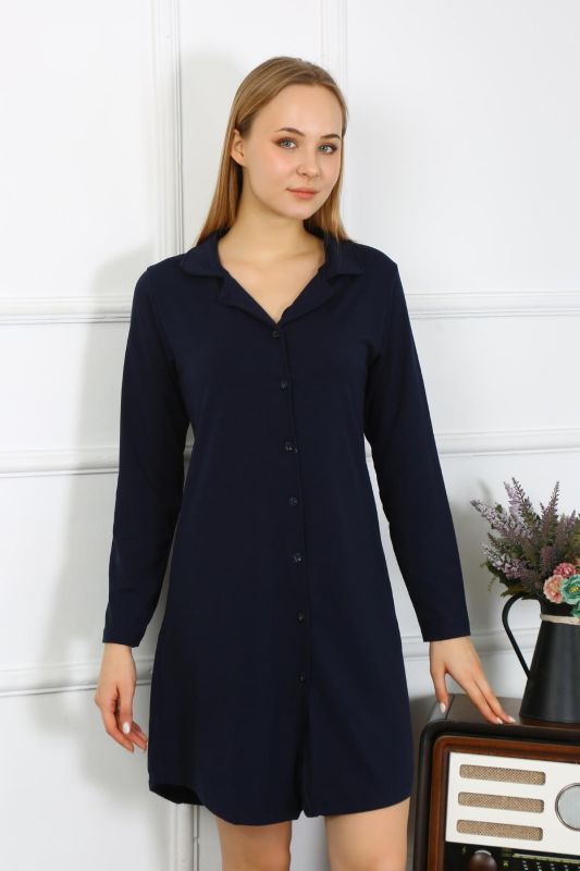 Moda Çizgi Kadın Penye Uzun Kol Düğmeli Lacivert Tunik Gecelik 13103 - 5