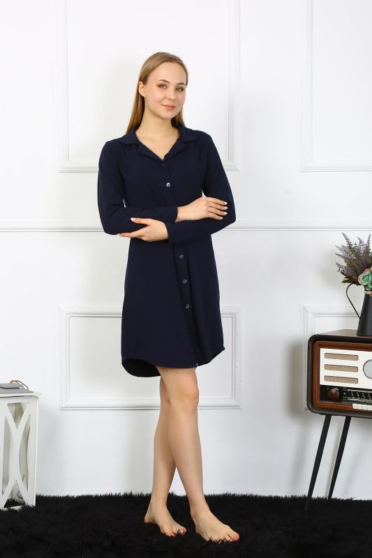 Moda Çizgi Kadın Penye Uzun Kol Düğmeli Lacivert Tunik Gecelik 13103 - 6