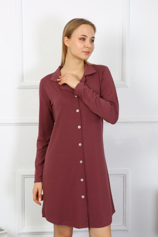 Moda Çizgi Kadın Penye Uzun Kol Düğmeli Mürdüm Tunik Gecelik 13103 - 1