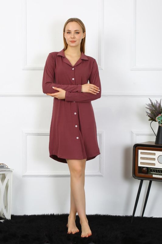 Moda Çizgi Kadın Penye Uzun Kol Düğmeli Mürdüm Tunik Gecelik 13103 - 2