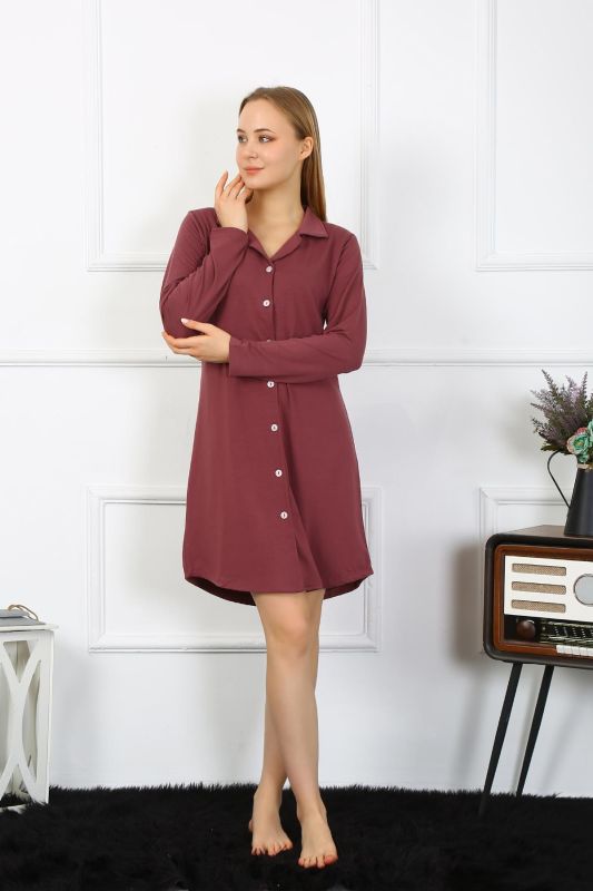 Moda Çizgi Kadın Penye Uzun Kol Düğmeli Mürdüm Tunik Gecelik 13103 - 3