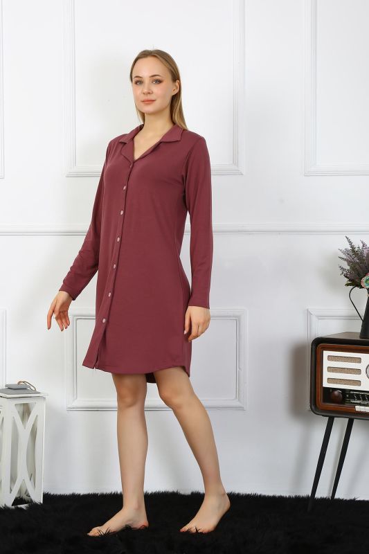 Moda Çizgi Kadın Penye Uzun Kol Düğmeli Mürdüm Tunik Gecelik 13103 - 5