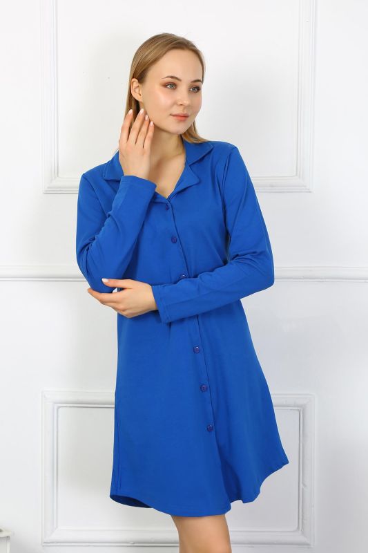 Moda Çizgi Kadın Penye Uzun Kol Düğmeli Saks Tunik Gecelik 13103 - 6