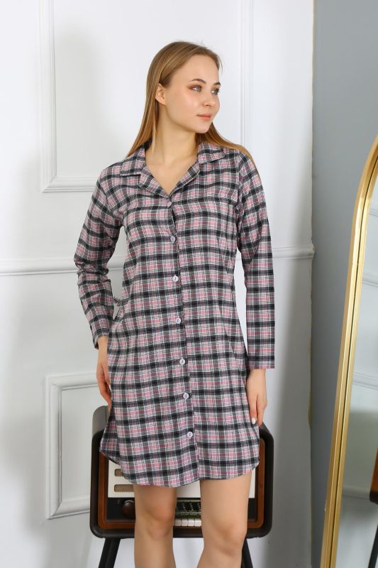 Moda Çizgi Kadın Penye Uzun Kol Düğmeli Siyah Tunik Gecelik 13102 - 1