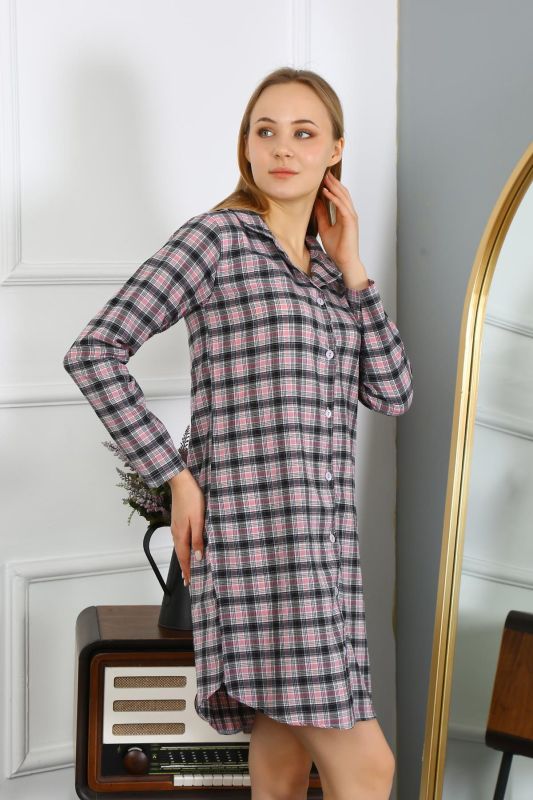 Moda Çizgi Kadın Penye Uzun Kol Düğmeli Siyah Tunik Gecelik 13102 - 4