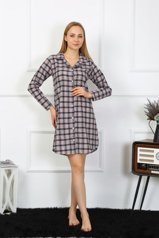 Moda Çizgi Kadın Penye Uzun Kol Düğmeli Siyah Tunik Gecelik 13102 - 5