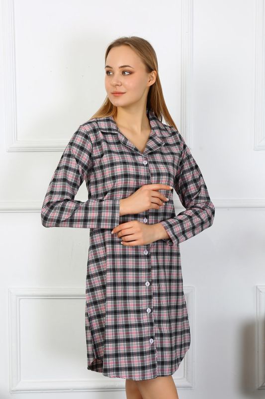 Moda Çizgi Kadın Penye Uzun Kol Düğmeli Siyah Tunik Gecelik 13102 - 6