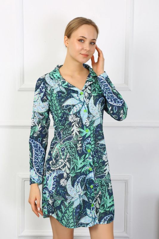 Moda Çizgi Kadın Penye Uzun Kol Düğmeli Yeşil Tunik Gecelik 13100 - 1