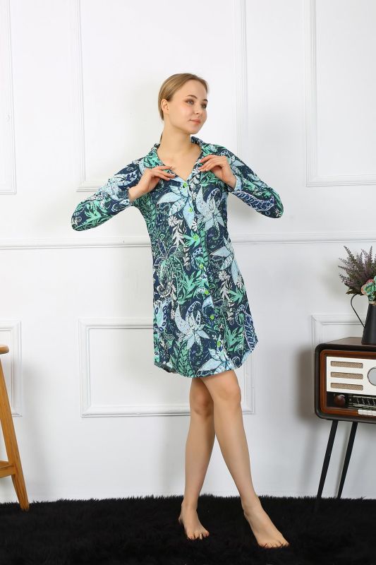 Moda Çizgi Kadın Penye Uzun Kol Düğmeli Yeşil Tunik Gecelik 13100 - 5