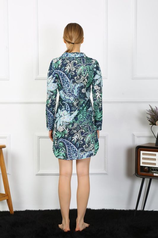Moda Çizgi Kadın Penye Uzun Kol Düğmeli Yeşil Tunik Gecelik 13100 - 6