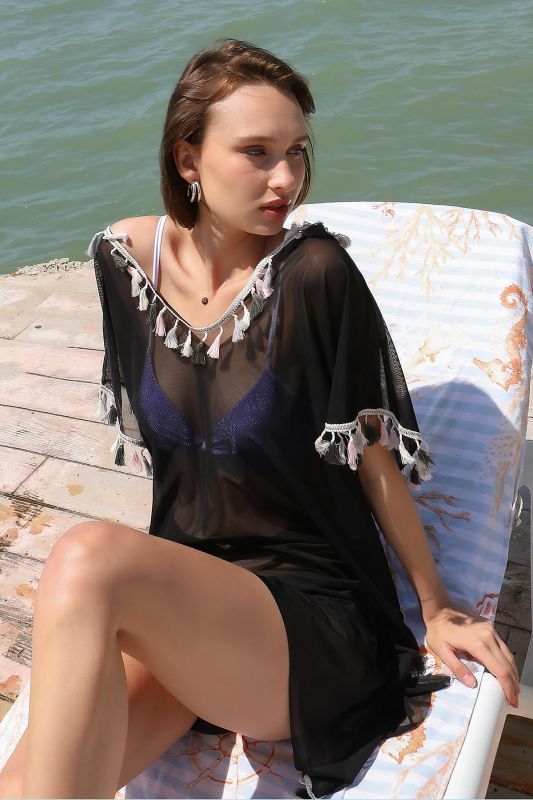 Moda Çizgi Kadın Püsküllü Tunik Pareo Plaj Elbisesi Siyah 38047 - 1