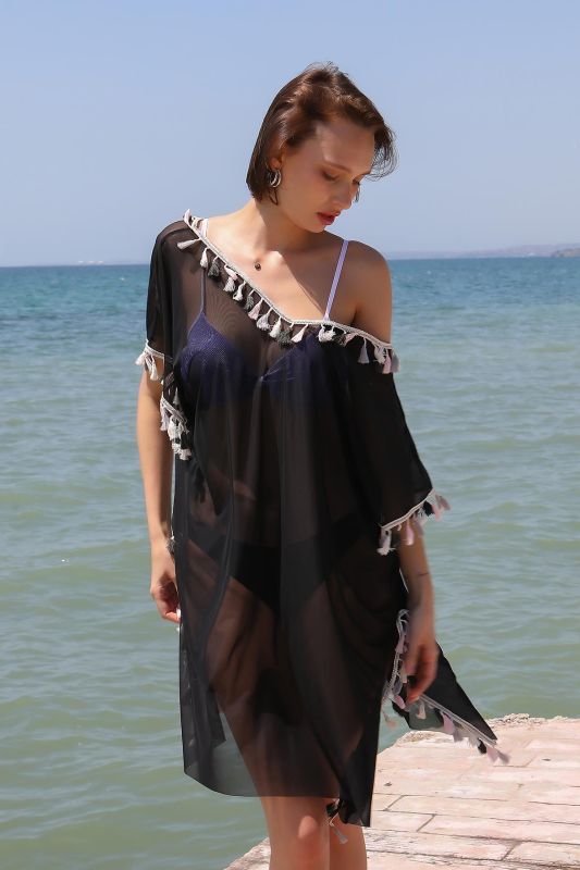 Moda Çizgi Kadın Püsküllü Tunik Pareo Plaj Elbisesi Siyah 38047 - 2