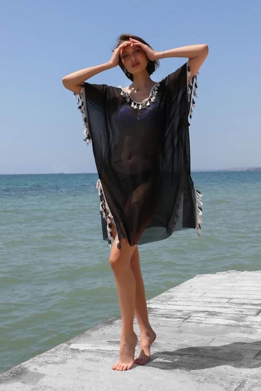 Moda Çizgi Kadın Püsküllü Tunik Pareo Plaj Elbisesi Siyah 38047 - 3
