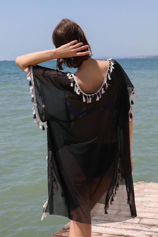 Moda Çizgi Kadın Püsküllü Tunik Pareo Plaj Elbisesi Siyah 38047 - 5