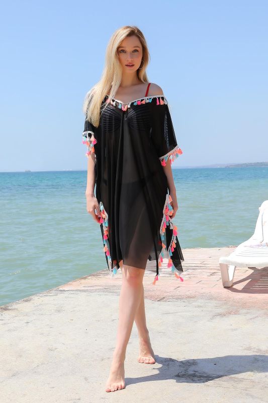 Moda Çizgi Kadın Püsküllü Tunik Pareo Plaj Elbisesi Siyah 38048 - 1
