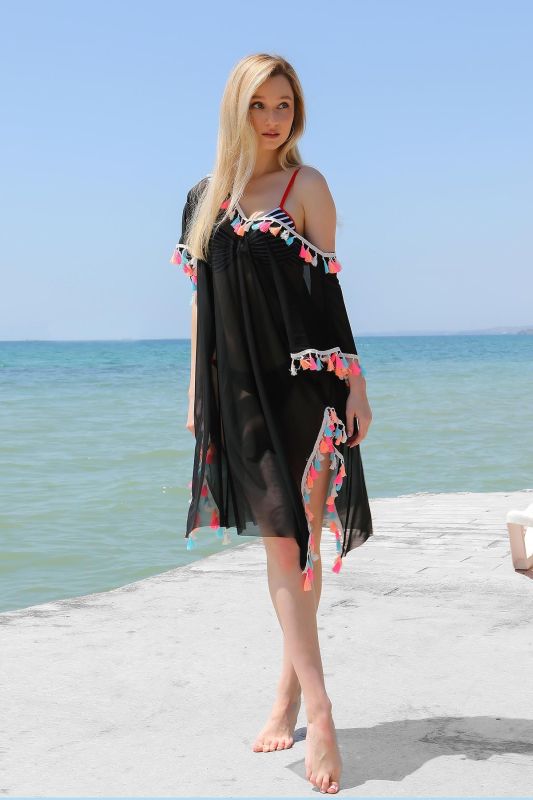 Moda Çizgi Kadın Püsküllü Tunik Pareo Plaj Elbisesi Siyah 38048 - 4