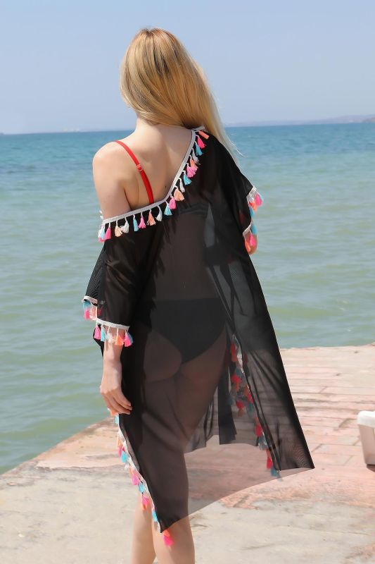 Moda Çizgi Kadın Püsküllü Tunik Pareo Plaj Elbisesi Siyah 38048 - 5