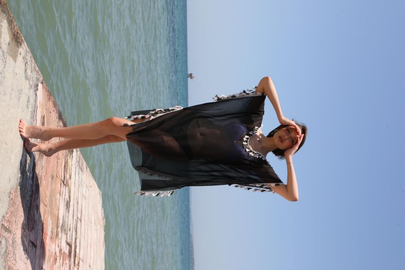 Moda Çizgi Kadın Püsküllü Tunik Pareo Plaj Elbisesi Siyah 38050 - 2