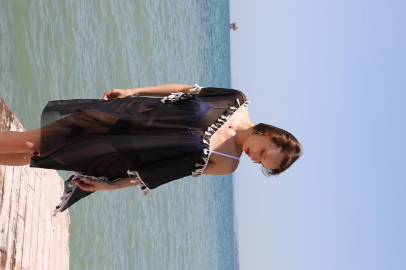Moda Çizgi Kadın Püsküllü Tunik Pareo Plaj Elbisesi Siyah 38050 - 4