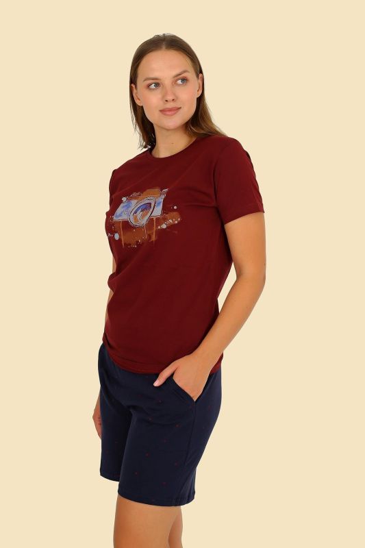 Moda Çizgi Kadın Şortlu Kısa Kol Penye Pijama Takım Bordo 3622 - 1