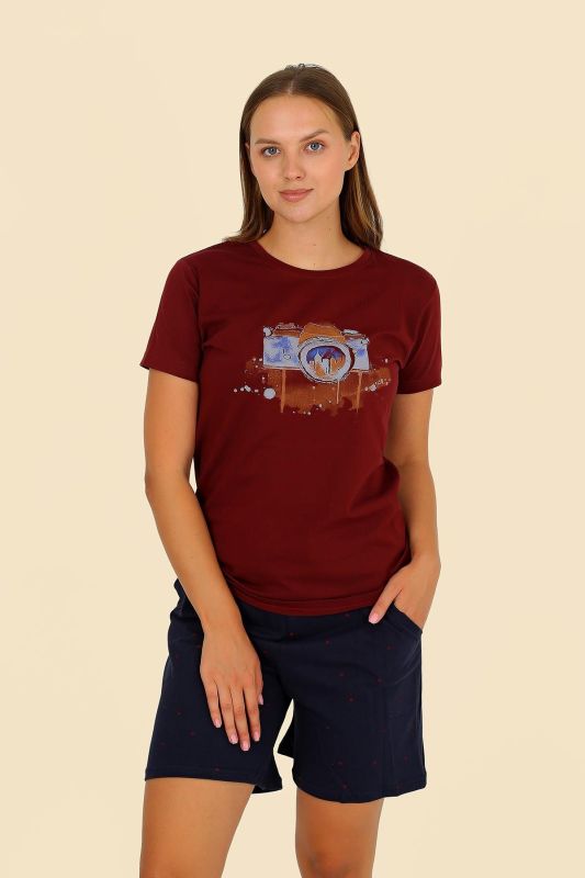 Moda Çizgi Kadın Şortlu Kısa Kol Penye Pijama Takım Bordo 3622 - 3