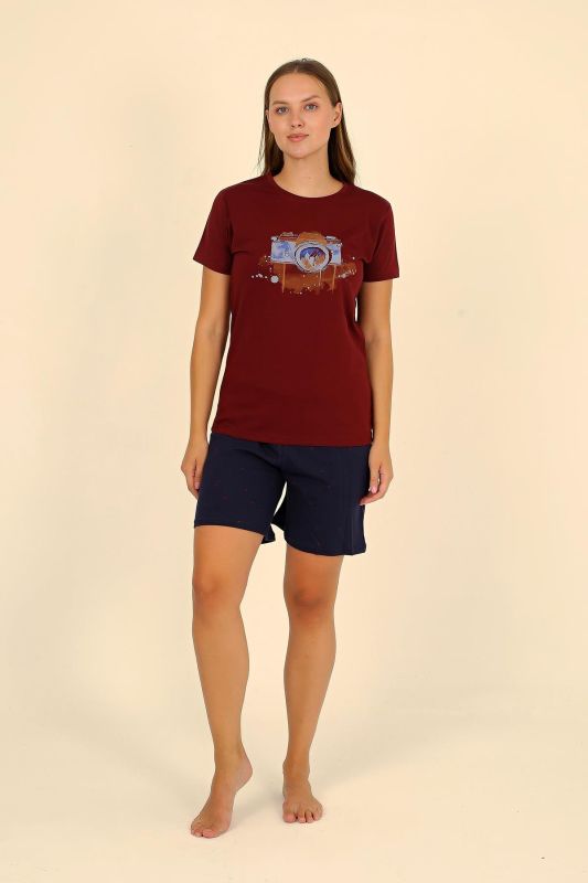 Moda Çizgi Kadın Şortlu Kısa Kol Penye Pijama Takım Bordo 3622 - 4