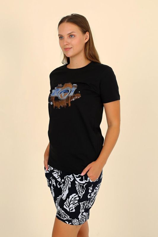 Moda Çizgi Kadın Şortlu Kısa Kol Penye Pijama Takım Siyah 3622 - 1