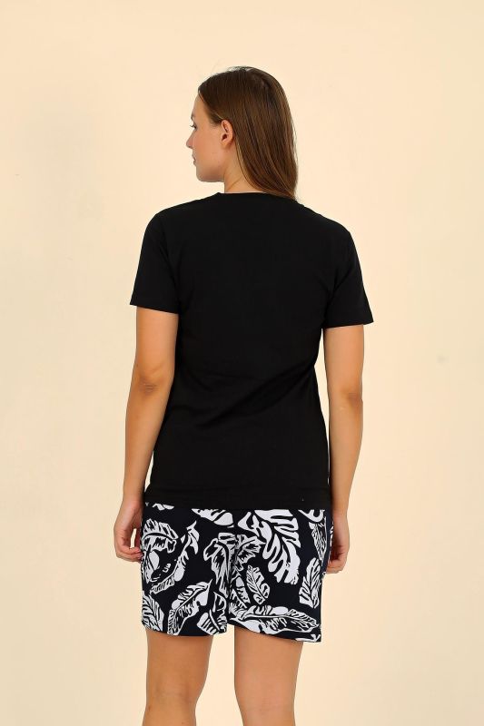 Moda Çizgi Kadın Şortlu Kısa Kol Penye Pijama Takım Siyah 3622 - 5