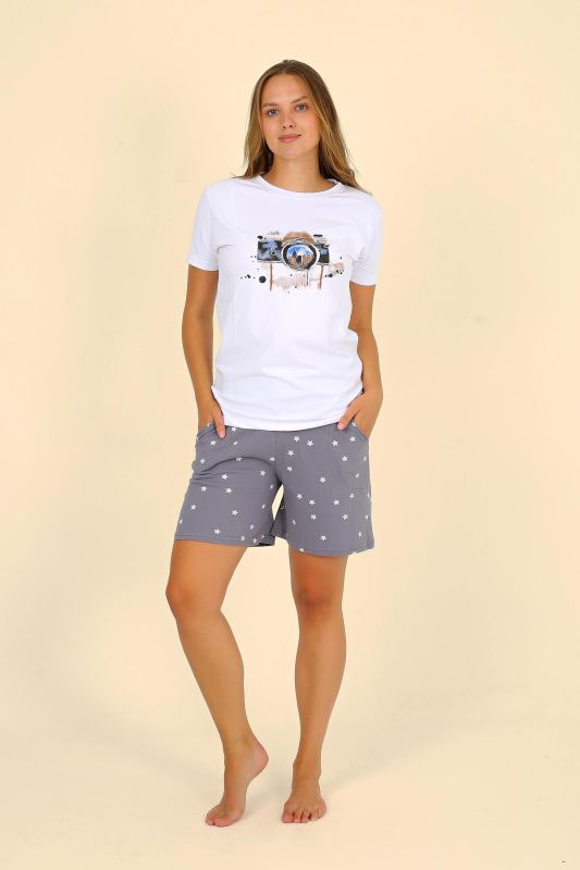 Moda Çizgi Kadın Şortlu Kısa Kol Penye Pijama Takımı Beyaz 3622 - 1