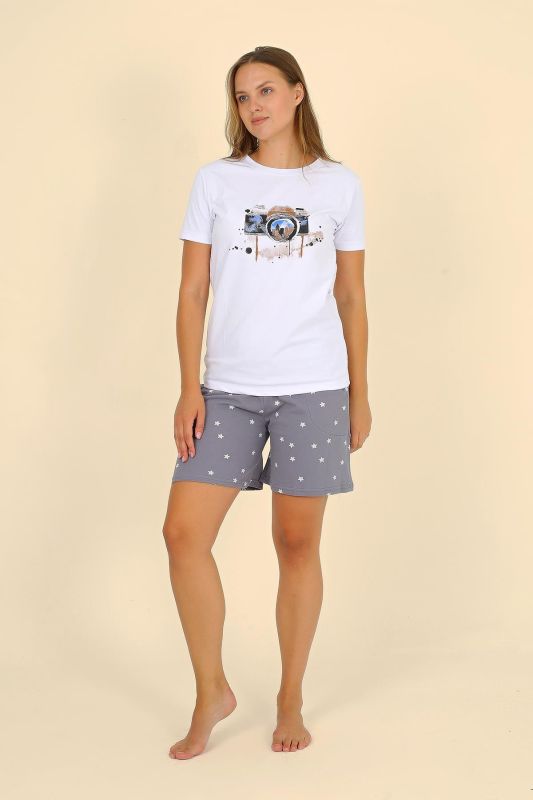 Moda Çizgi Kadın Şortlu Kısa Kol Penye Pijama Takımı Beyaz 3622 - 2