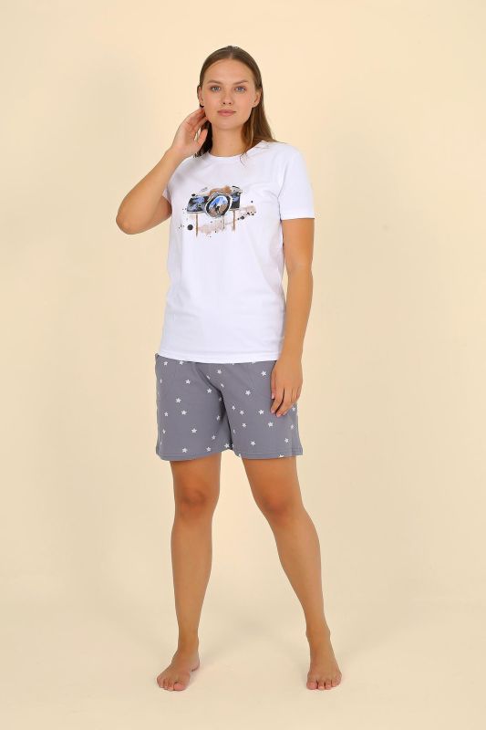 Moda Çizgi Kadın Şortlu Kısa Kol Penye Pijama Takımı Beyaz 3622 - 3