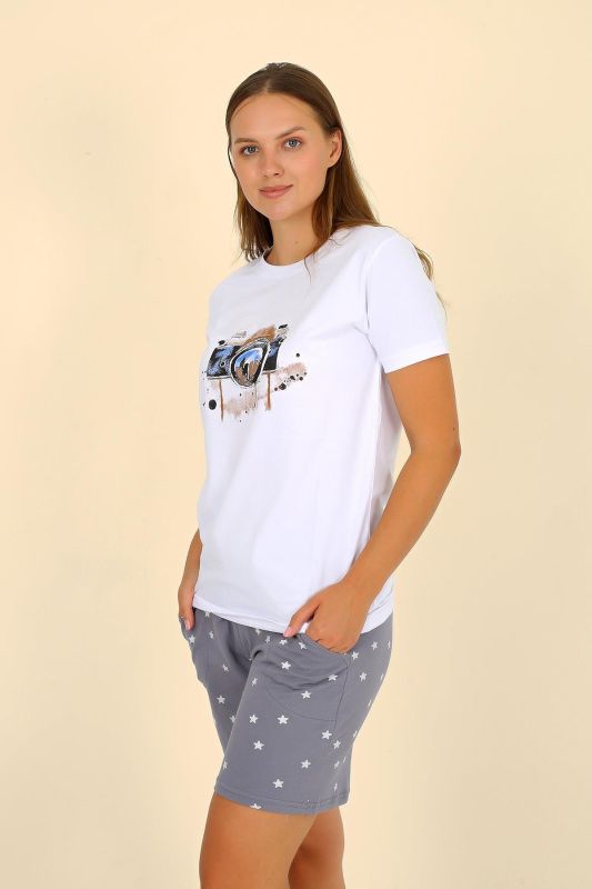 Moda Çizgi Kadın Şortlu Kısa Kol Penye Pijama Takımı Beyaz 3622 - 4