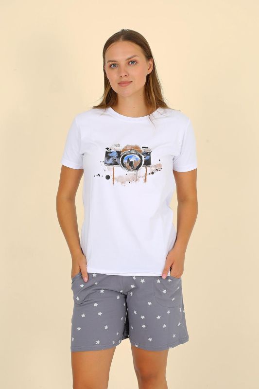 Moda Çizgi Kadın Şortlu Kısa Kol Penye Pijama Takımı Beyaz 3622 - 5