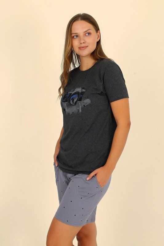 Moda Çizgi Kadın Şortlu Kısa Kol Penye Pijama Takımı Füme 3622 - 4