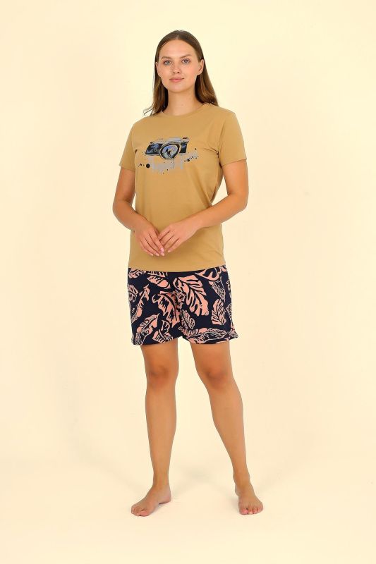 Moda Çizgi Kadın Şortlu Kısa Kol Penye Pijama Takımı Hardal 3622 - 2