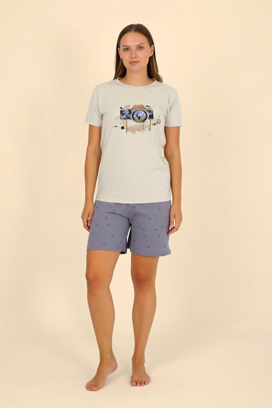 Moda Çizgi Kadın Şortlu Kısa Kol Penye Pijama Takımı Krem 3622 - 1