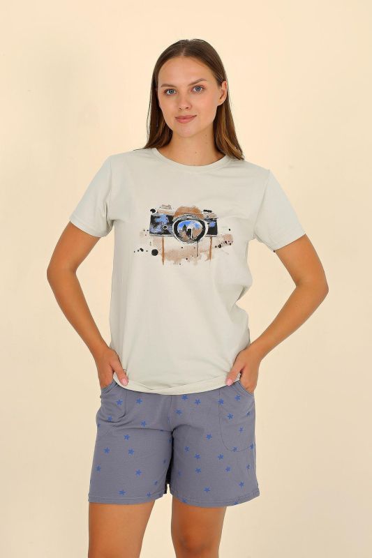 Moda Çizgi Kadın Şortlu Kısa Kol Penye Pijama Takımı Krem 3622 - 2