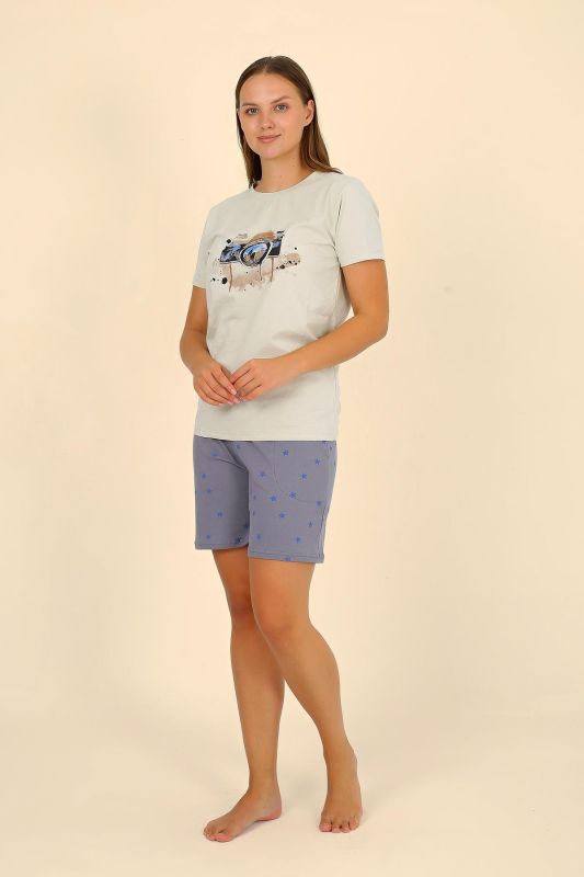 Moda Çizgi Kadın Şortlu Kısa Kol Penye Pijama Takımı Krem 3622 - 3