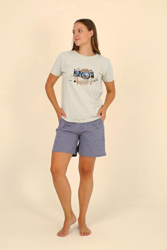 Moda Çizgi Kadın Şortlu Kısa Kol Penye Pijama Takımı Krem 3622 - 4