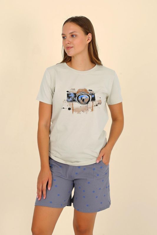 Moda Çizgi Kadın Şortlu Kısa Kol Penye Pijama Takımı Krem 3622 - 5