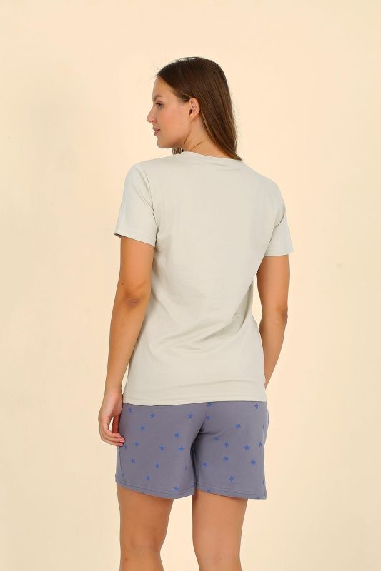 Moda Çizgi Kadın Şortlu Kısa Kol Penye Pijama Takımı Krem 3622 - 6