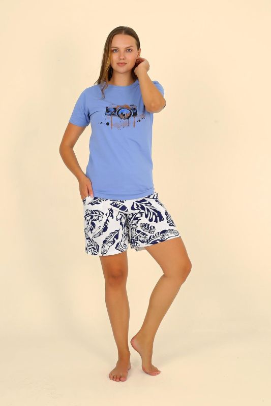 Moda Çizgi Kadın Şortlu Kısa Kol Penye Pijama Takımı Mavi 3622 - 1