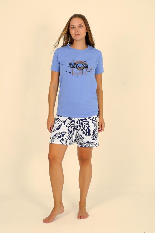 Moda Çizgi Kadın Şortlu Kısa Kol Penye Pijama Takımı Mavi 3622 - 2