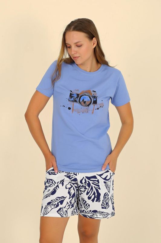 Moda Çizgi Kadın Şortlu Kısa Kol Penye Pijama Takımı Mavi 3622 - 3