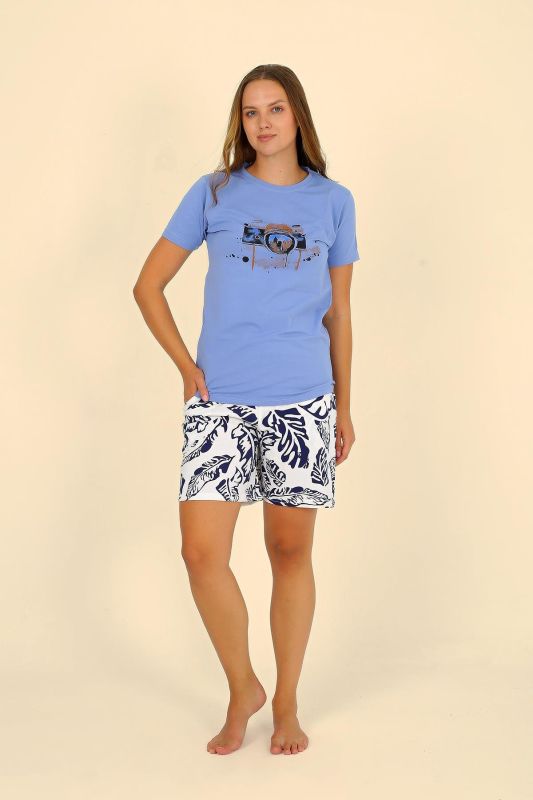 Moda Çizgi Kadın Şortlu Kısa Kol Penye Pijama Takımı Mavi 3622 - 4