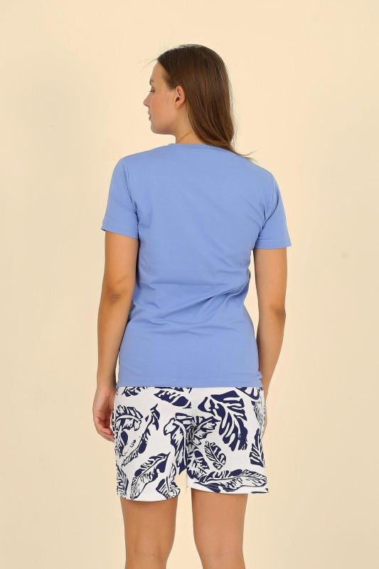 Moda Çizgi Kadın Şortlu Kısa Kol Penye Pijama Takımı Mavi 3622 - 5